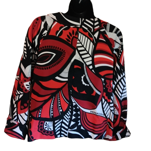 🗺 Rafaella Abstract Artsy, Stretchy Blazer, Large Buttons Size Large Cuffed EUC - Picture 2 of 10